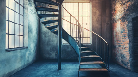 Industrial-style metal spiral staircase in a loft apartment, blending rugged and modern design.の素材