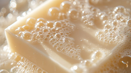 Soapy bubbles covering a bar of soap, with light reflecting off each bubble in a close-up view.の素材