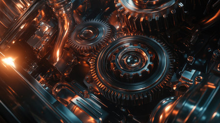 Smooth, polished metal gears inside an engine, close-up of the intricate alignment.の素材