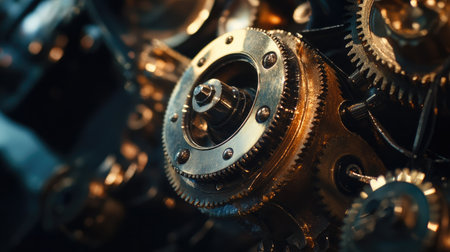 Shiny metal engine gears, close-up view emphasizing their polish and fine engineering details.の素材