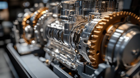 Mechanical gears interlocking in a precision-engineered engine, highly detailed and polished.の素材