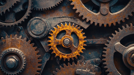 Multiple metal engine gears arranged in a row, showcasing precision and alignment in machinery.の素材