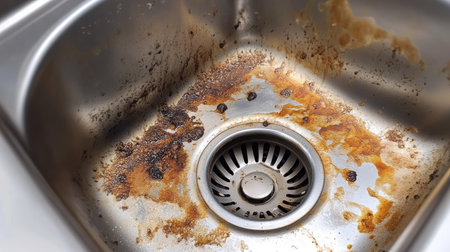 Unclean sink drain with dark stains in a stainless steel sink, debris around the edges.の素材
