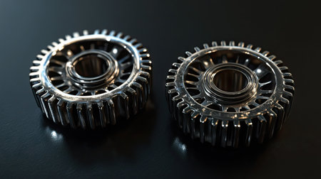 Metallic engine gear wheels, slightly oiled, with sharp teeth and smooth metal surfaces.の素材