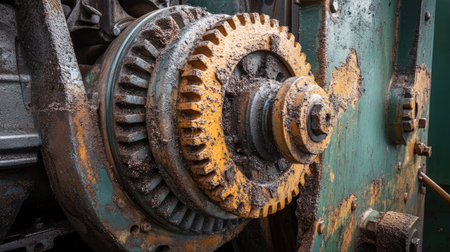 Industrial engine gear wheels, close-up showing metallic grit and interlocked structure.の素材