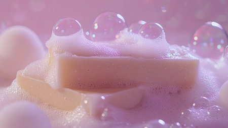 Soft, fluffy foam piled on a smooth soap bar, with bubbles glistening in a gentle close-up.の素材