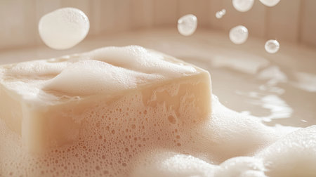 Luxurious foam lather with a soap bar underneath, close-up view of fluffy, airy bubbles.の素材