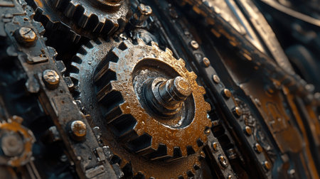 Mechanical engine gears meshing, close-up view showing the sturdy metallic build and oil sheen.の素材