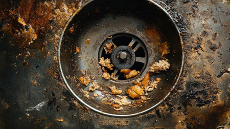 Top view of a metal sink with a drain clogged by food particles and grease buildup.の素材