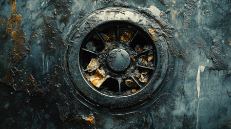 Metal sink drain filled with debris, surrounded by hard water stains and residue buildup.の素材