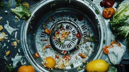 Overhead view of a dirty stainless steel sink drain, food debris scattered across.の素材