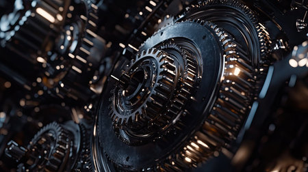 Steel gear wheels interlocking inside a complex engine assembly, intricate details in focus.の素材