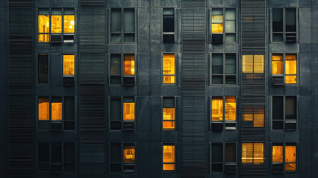 High-rise building exterior with aluminum louver windows, providing ventilation and energy efficiency.の素材