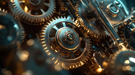 Group of polished metal gears inside an engine, focusing on their alignment and shine.の素材