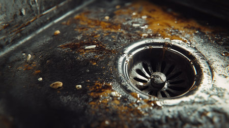 Dirty metal sink with water spots and grime around the drain, bits of food and grease.の素材