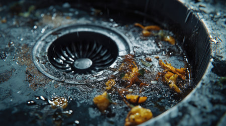 Dirty metal sink with drain covered in soap scum and food debris, wet and unkempt look.の素材