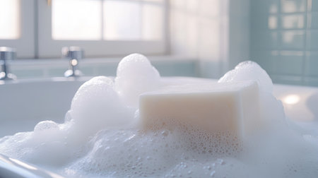 White soap bar nestled in a mound of delicate, airy foam bubbles in a bright bathroom.の素材