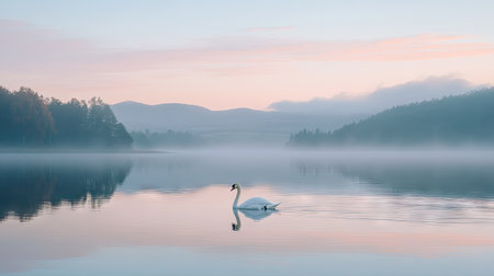 White swan gracefully swimming alone on a lake at dawn, soft pink and blue sky reflecting in the water.の素材