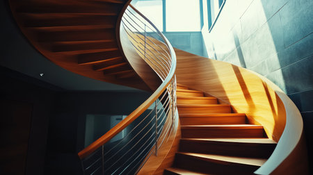 Wooden spiral staircase with metal railing in a modern, open-concept living space.の素材
