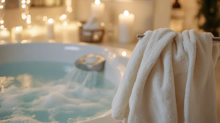 Bathrobes hanging near a whirlpool in a spa room, with soft music and candlelight creating relaxationの素材
