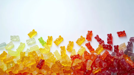 Assorted gummy bears and jelly candies filling the frame on a white backgroundの素材