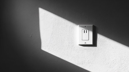 White power socket on a light gray wall, sunlight casting subtle shadows around it.の素材