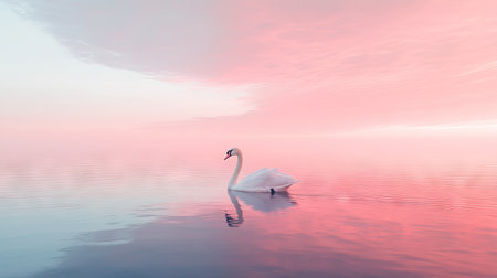 White swan gracefully swimming alone on a lake at dawn, soft pink and blue sky reflecting in the water.の素材