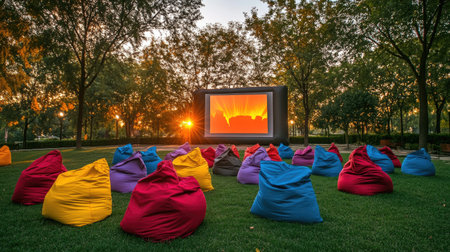 Bean bags in bright colors spread around a large screen in a park, warm sunset glow over the sceneの素材