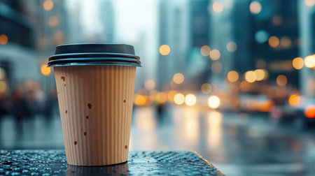 A paper coffee cup in focus with a bustling cityscape blurred in the background, capturing an urban vibeの素材
