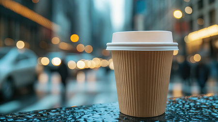 A paper coffee cup in focus with a bustling cityscape blurred in the background, capturing an urban vibeの素材