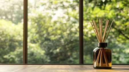 Air freshener bottle with bamboo sticks placed by a large window, with a view of nature outsideの素材
