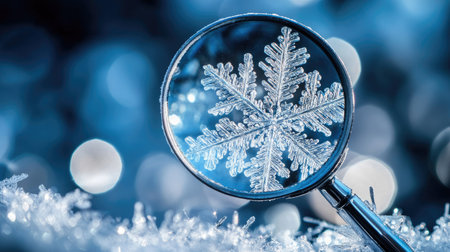 Close-up of a magnifying glass enlarging the delicate features of a snowflake, against a winter backgroundの素材