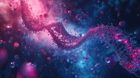 Abstract visualization of DNA with digital particles and molecular structures representing genetic engineeringの素材