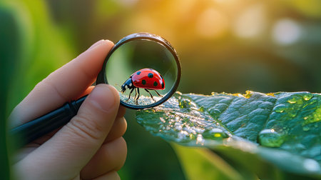 Child's hand holding a magnifying glass over a ladybug on a leaf, with soft natural light in the backgroundの素材
