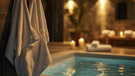 Bathrobes hanging near a whirlpool in a spa room, with soft music and candlelight creating relaxationの素材