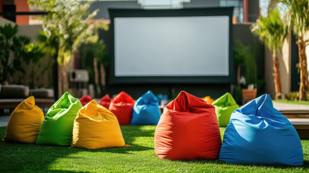 Bright bean bags in various colors arranged on green grass, facing an empty outdoor movie screenの素材