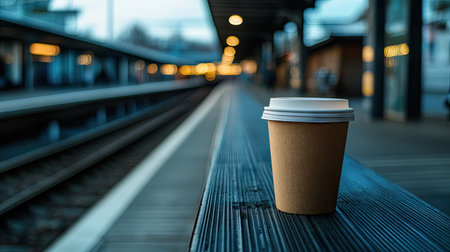 A paper coffee cup placed on a train station bench, with tracks and a waiting area in the backgroundの素材