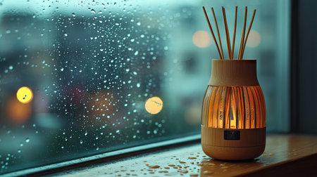Bamboo air freshener bottle on a windowsill, with raindrops on the glass and cozy indoor lightingの素材