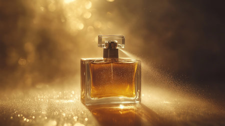 Classic perfume bottle spraying a fine mist, capturing the essence of elegance with golden lightの素材