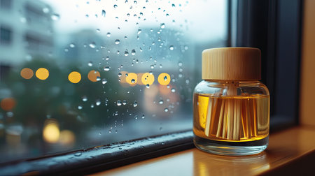 Bamboo air freshener bottle on a windowsill, with raindrops on the glass and cozy indoor lightingの素材