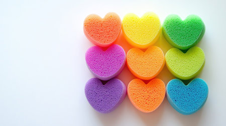 Bright makeup sponges in rainbow colors displayed in a flat lay on a white surfaceの素材