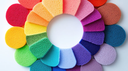 Assorted rainbow-colored makeup sponges arranged in a circular pattern on a white backgroundの素材