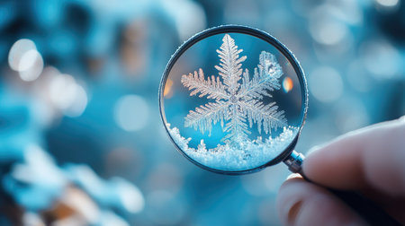 Close-up of a magnifying glass enlarging the delicate features of a snowflake, against a winter backgroundの素材