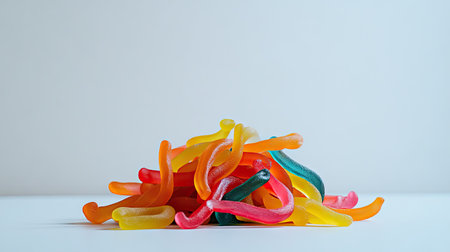 Bright and colorful gummy worms in a random pile, shot against a white background for contrastの素材