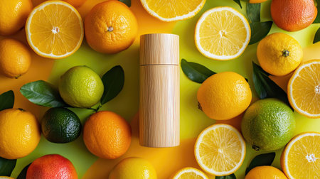 Bamboo air freshener bottle surrounded by fresh citrus fruits, creating a vibrant, natural vibeの素材
