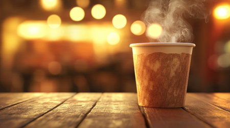 Close-up of a steaming paper cup of coffee on a wooden table, with a cozy caf background blurred behindの素材