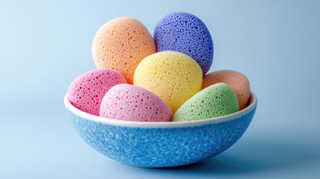 Brightly colored makeup sponges in a bowl, arranged like a rainbow, against a simple backdropの素材
