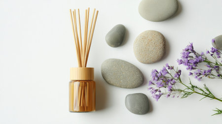 Bamboo air freshener bottle with sticks against a white background, next to delicate flowers and smooth stonesの素材