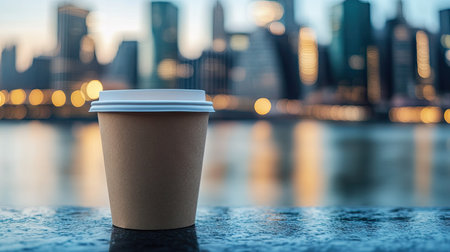 A paper coffee cup in focus with a bustling cityscape blurred in the background, capturing an urban vibeの素材