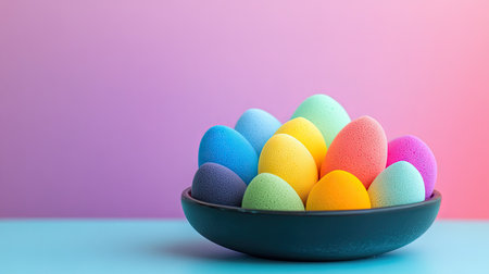 Brightly colored makeup sponges in a bowl, arranged like a rainbow, against a simple backdropの素材